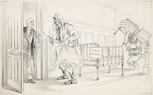 President Woodrow Wilson is depicted as a doctor delivering the Tariff Reform and Currency Reform legislation ‘babies’ at the 63rd Congress