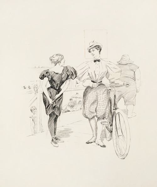 A beach boardwalk. Two women talk, one of them with a bicycle, while others enjoy the beach and water behind them.