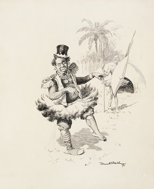 A black man in native dress laughs at another who has mixed native with Western dress.