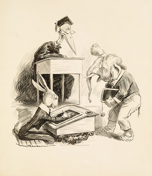 A classroom. The teacher, a stork, is angry at one of his students, an elephant