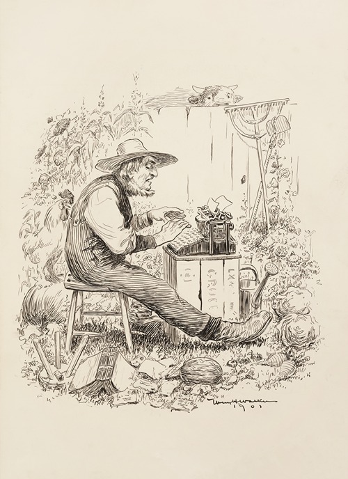 A farmer sits in his field, typing on a type writer, surrounded by his crops and animals, who watch him curiously.