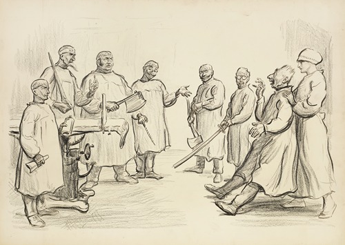 A frightened Kaiser Wilhelm II is pushed into an operating table by a nurse representing civilization