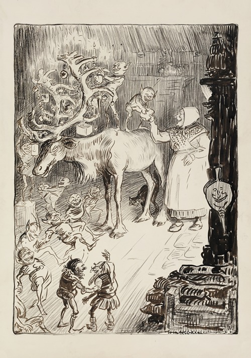 A group of elves hang Christmas decorations on the antlers of a reindeer, aided by a laughing woman