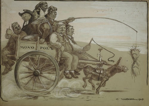 A group of large people representing various trusts ride on a wagon (monopoly) which is pulled by a small donkey (the public)