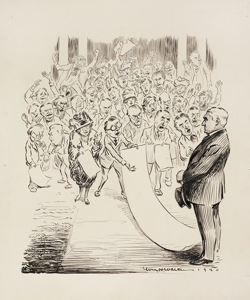 A group of men and women shout and present lists to a man in a suit.
