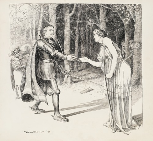 A knight rescues a wounded woman representing the Civil Service. Her would-be attackers lurk in the background.