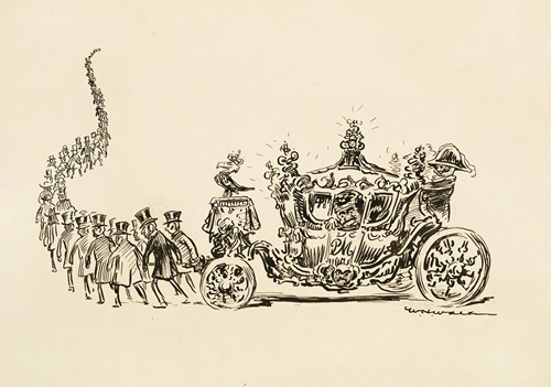 A long line of men in suits and top hats pull an ornate carriage (in the place of the horses)