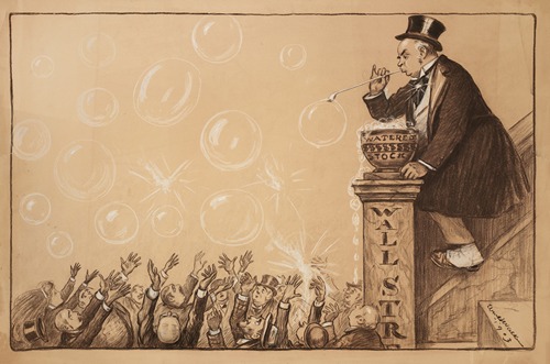 A man blows bubbles from a solution of ‘watered stock,’ as a crowd of gentlemen try to catch them before they pop.