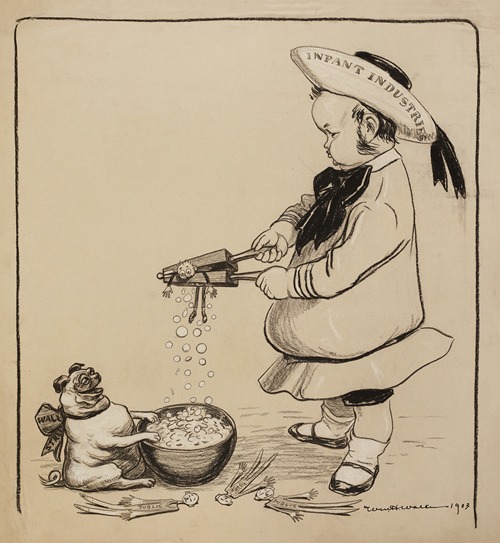 A man dressed as a child representing infant industries squeezes small men representing the public to make money fall out of them