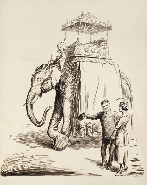A man in a suit, representing politicians, invites a woman representing the woman’s vote to take a ride