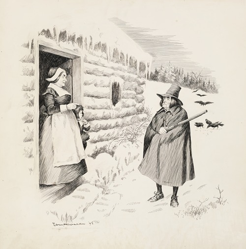 A man with a rifle stands in the snow and talks to a woman and child in the doorway of a log cabin.