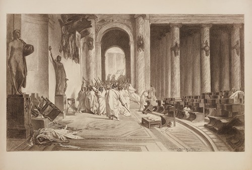 A mob of men in Roman robes, representing the Trusts, have taken over the Senate and killed a man representing competition