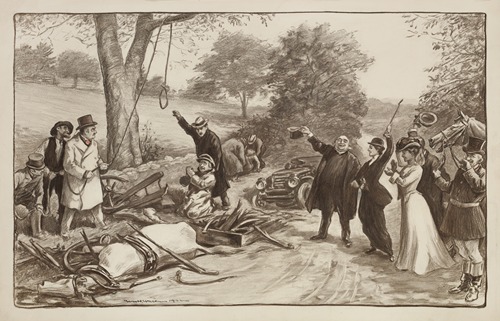 A motorist pleads for his life as a crowd prepares to lynch him for causing an accident with a horse and wagon, killing a woman.