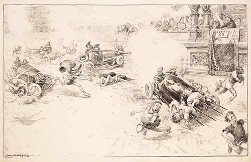 A Roman gladiator match where cars are used as weapons to chase men on foot.