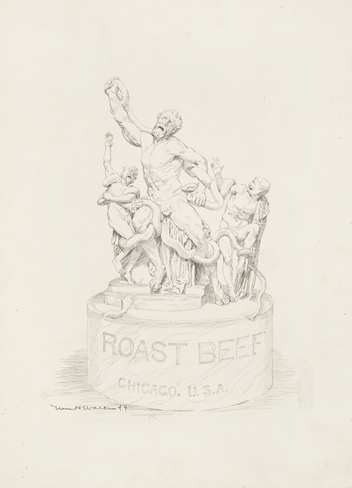 A statue of three men being attacked by snakes. The base of the statue reads ‘Roast Beef Chicago, U.S.A.’