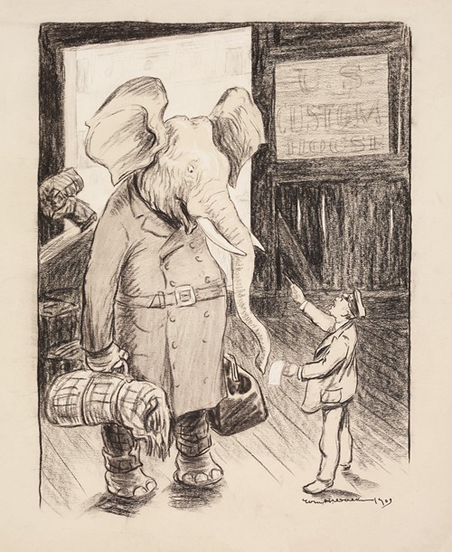A U.S. Custom House official argues with the Republican Party elephant.