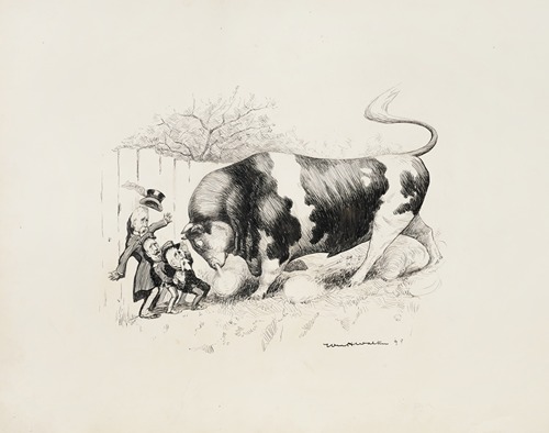 A very large bull backs up three small men against the fence, Alger, Corbin, and Eagan.
