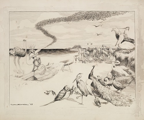 A young woman on a beach is frightened by and surrounded by a crowd of birds of various species.