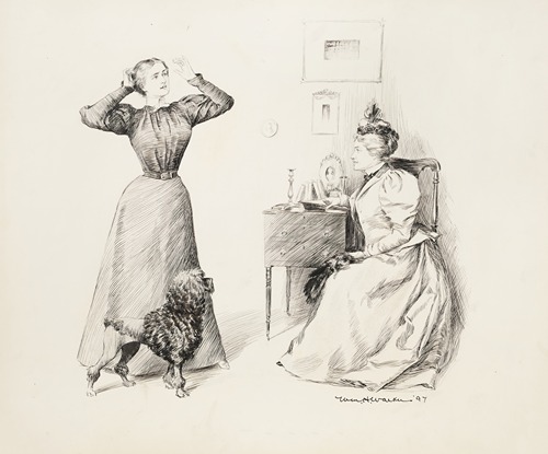 A young woman, fixing her hair, talks to a seated older woman. Both women have dogs.