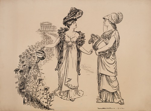A young woman, representing the 20th Century, waters flowers representing college students with money
