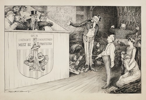 At the U.S. Customs House, a family pleads with Uncle Sam as officials go through their belongings