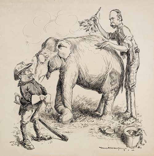 Charles Fairbanks washes the Republican Party elephant for Theodore Roosevelt, who prepares to ride it