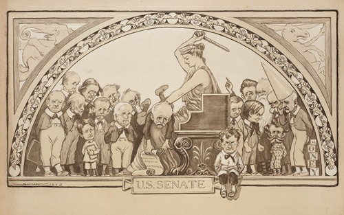 Columbia (a woman representing the United States) turns members of the U.S. Senate over her knee and spanks them.