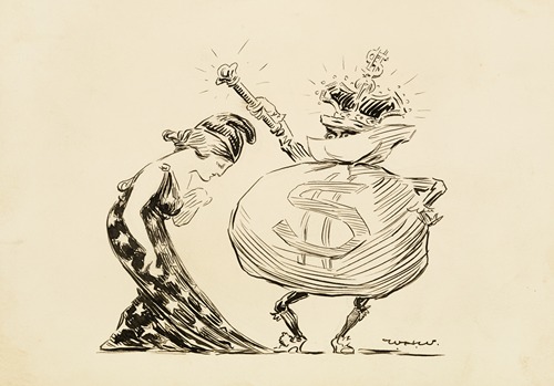 Columbia (United States) bows down before a man depicted as a bag of money with a crown