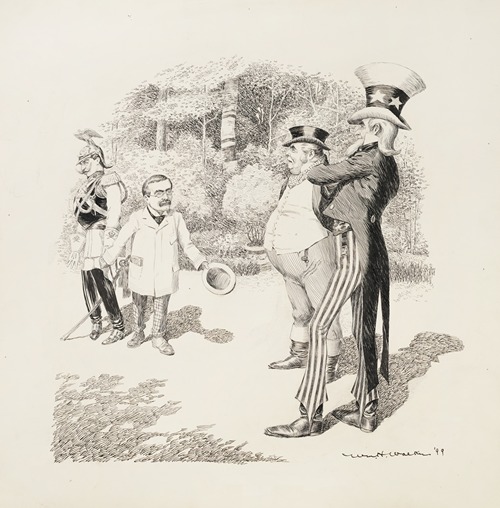 In a forrest, Uncle Sam and a man representing Great Britain talks with a man in military uniform and a small man in a suit.