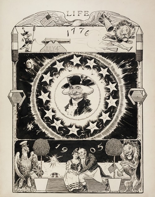 In the center of the image is George Washington, smiling. In the top, the American eagle with a cannon defeats the British lion on July 4, 1776