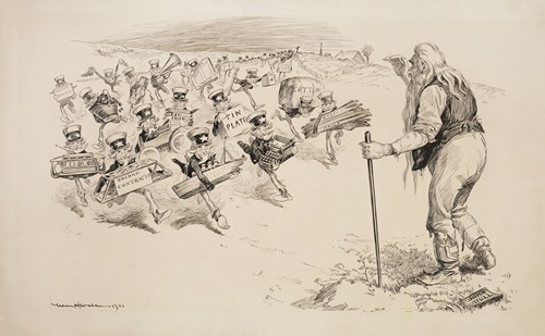 John Bull (Great Britain) stands in a field as many small versions of Uncle Sam run towards him to offer various goods and raw materials.