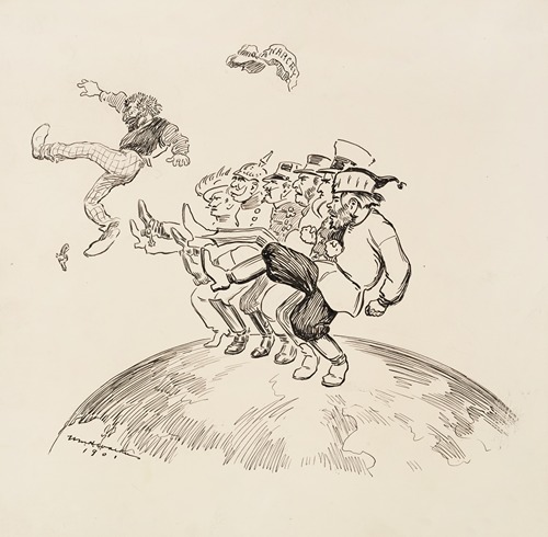 Men representing several European countries dance a kick-line together to kick out a man representing anarchy.
