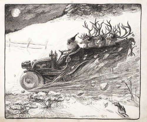 Santa Claus speeding down the road in a motorized sleigh; reindeer seated in back.