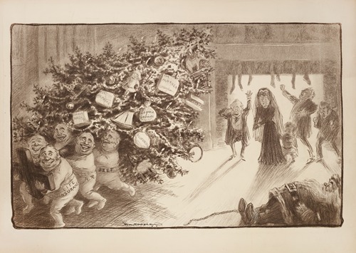 Several figures representing trusts (Beef, Rail Road, and Life Insurance) tied up Santa and are stealing a family’s Christmas tree and all of their presents