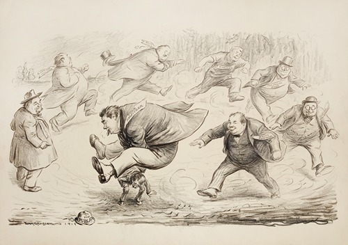 Several large men run in a circle and jump over a small man representing the public, oppressing him
