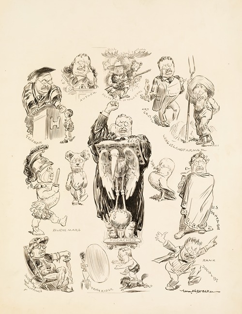 Several portraits of Theodore Roosevelt in different professions. In the center portrait, he is speaking at a podium.