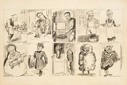 Ten wealthy Americans, identified by their initials, are depicted doing various menial jobs. One of the men is J. Pierpont Morgan.