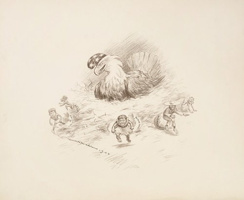 The American eagle depicted as a hen, sitting on a nest full of hatching eggs