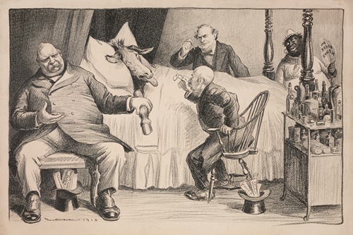 The Democratic Party donkey is ill in bed, tended by doctors Grover Cleveland, David B. Hill, and William Jennings Bryan