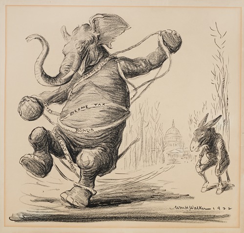 The Republican Party elephant is tangled in ropes representing the farmer bloc, taxes, income tax, bonus, and the high cost of labor