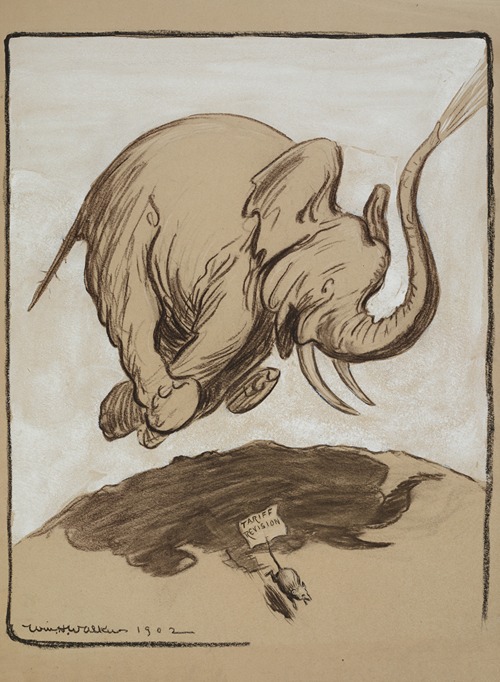 The Republican Party elephant jumps on a mouse representing tariff reform