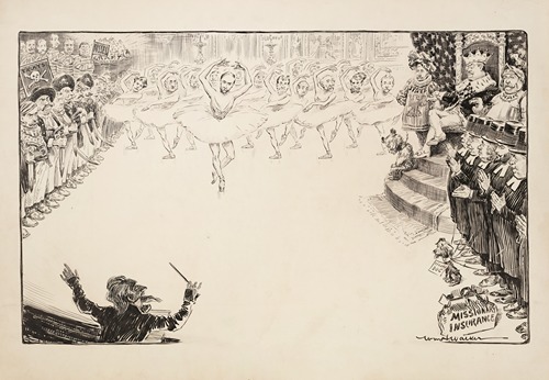 Theodore Roosevelt as a king, watching a ballet performance by a group of men in women’s costumes