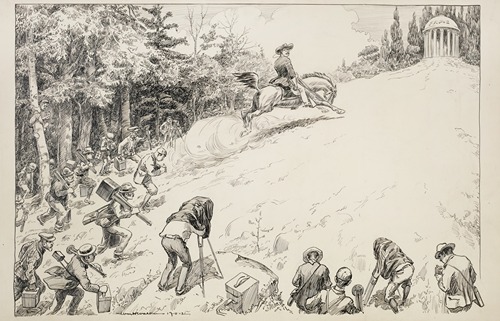 Theodore Roosevelt charges up a hill towards a building representing fame with a group of photographers following him instead of an army.