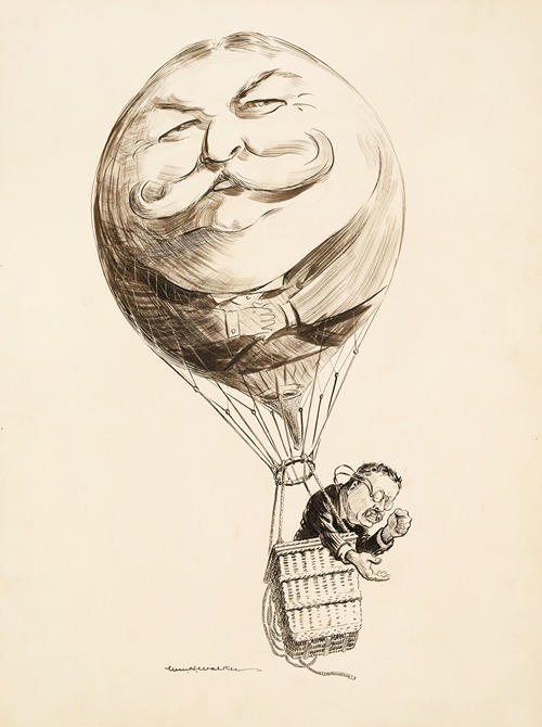Theodore Roosevelt in a hot air balloon. The balloon is made of William Howard Taft.
