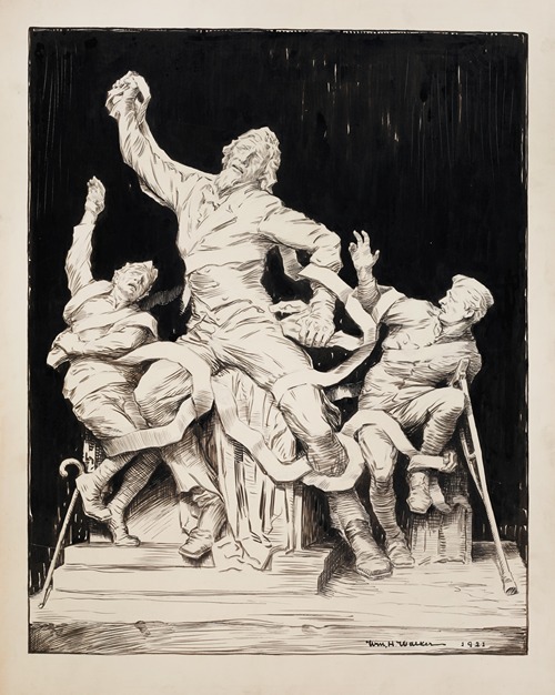 Three men, two of them wounded soldiers and one of them an older man, possibly Uncle Sam, struggle against ropes