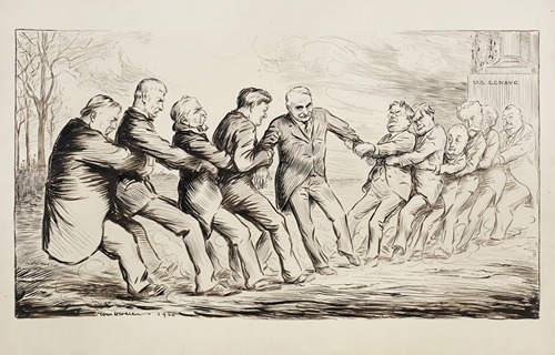 Two groups of men in suits play tug of war in front of the U.S. Senate building