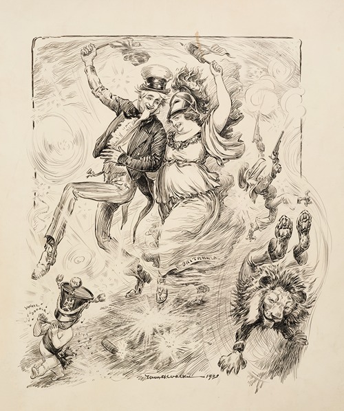 Uncle Sam and a woman representing Britain walk arm-in-arm in a procession, carrying each other’s flags.