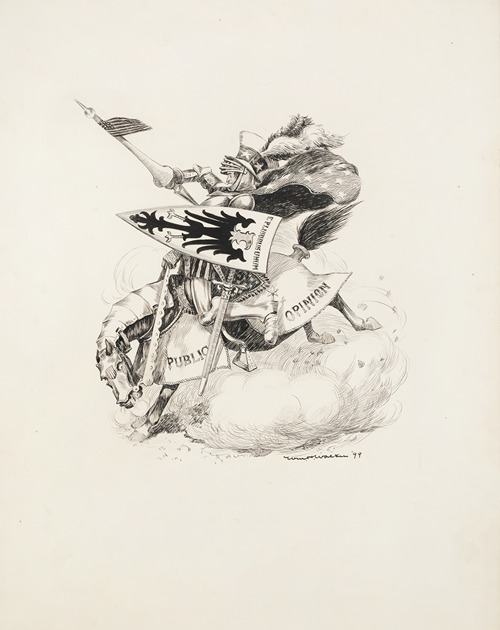 Uncle Sam as a knight, riding a horse armored in ‘public opinion’ and carrying a shield reading ‘E Pluribus Unum’