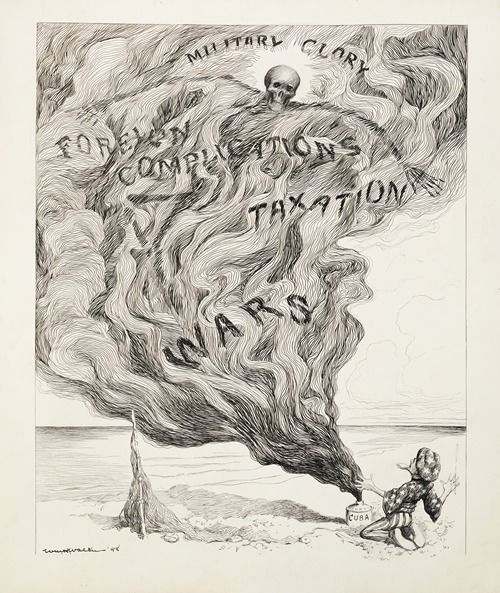 Uncle Sam opens a bottle labeled ‘Cuba’ and a smoke with a skeleton pours out