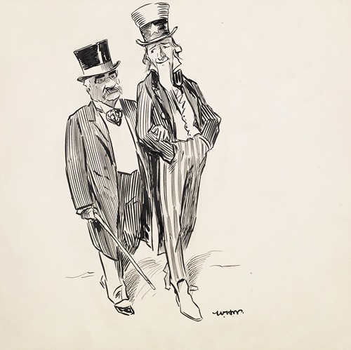Uncle Sam walks arm-in-arm with a wealthy man, probably J. Pierpont Morgan